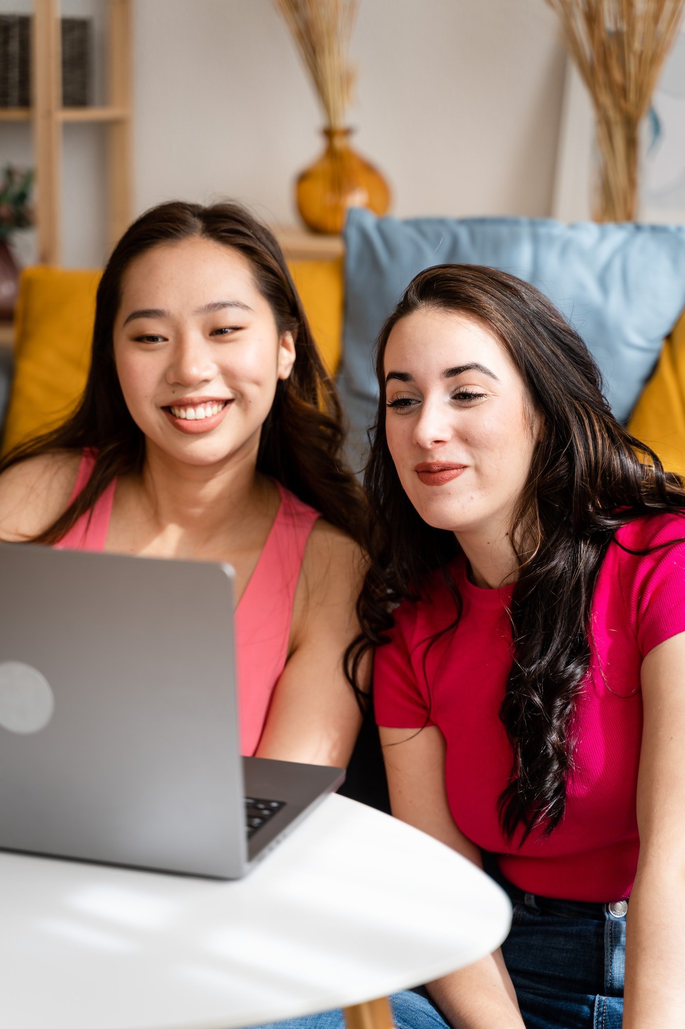 Two women on video call with laptop.