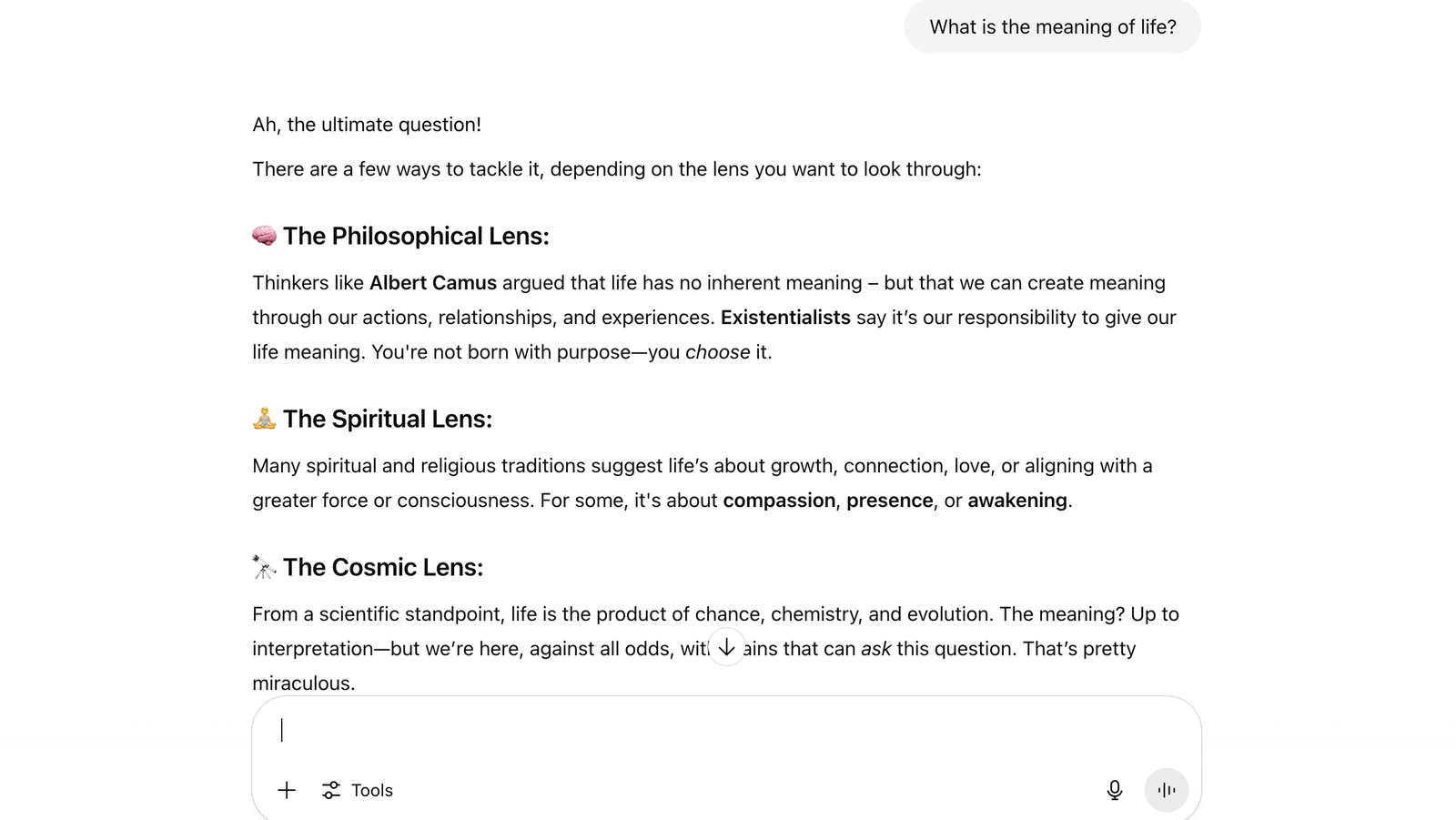 A screenshot of the ChatGPT interface answering philosophical questions, what is the meaning of life